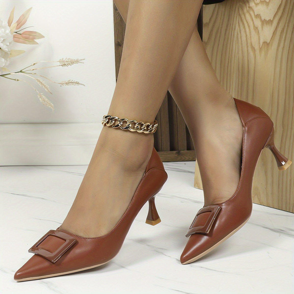 Women's Square Buckle Kitten Heels Slip On Low Pumps