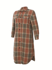  Plaid Print Long Sleeve Button Up Shirt Dress