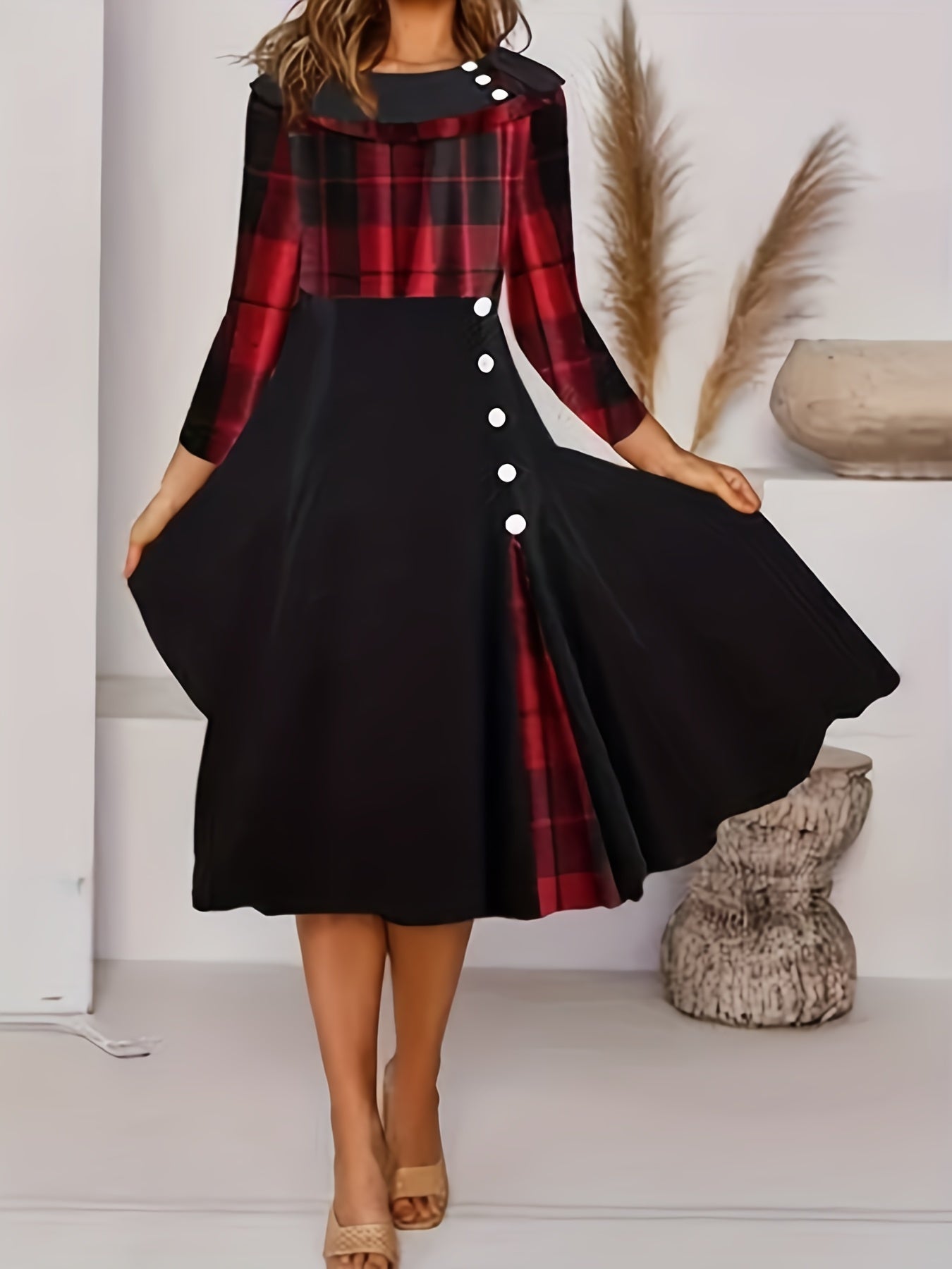  Colorblock Plaid Print Button Decor Dress