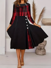  Colorblock Plaid Print Button Decor Dress
