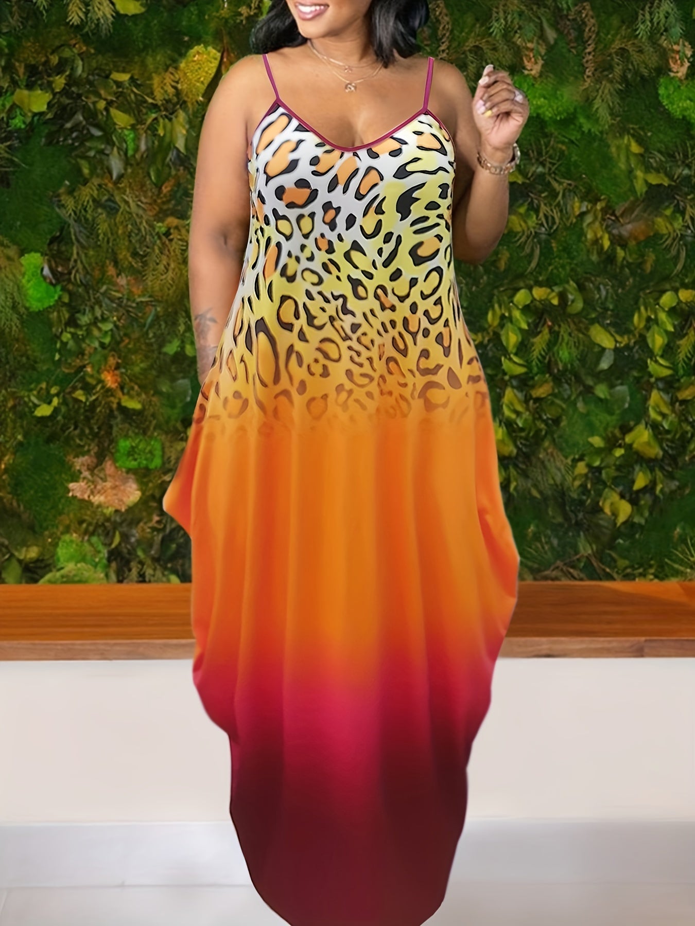  Ombre & Leopard Print V Neck Maxi Dress With Pockets