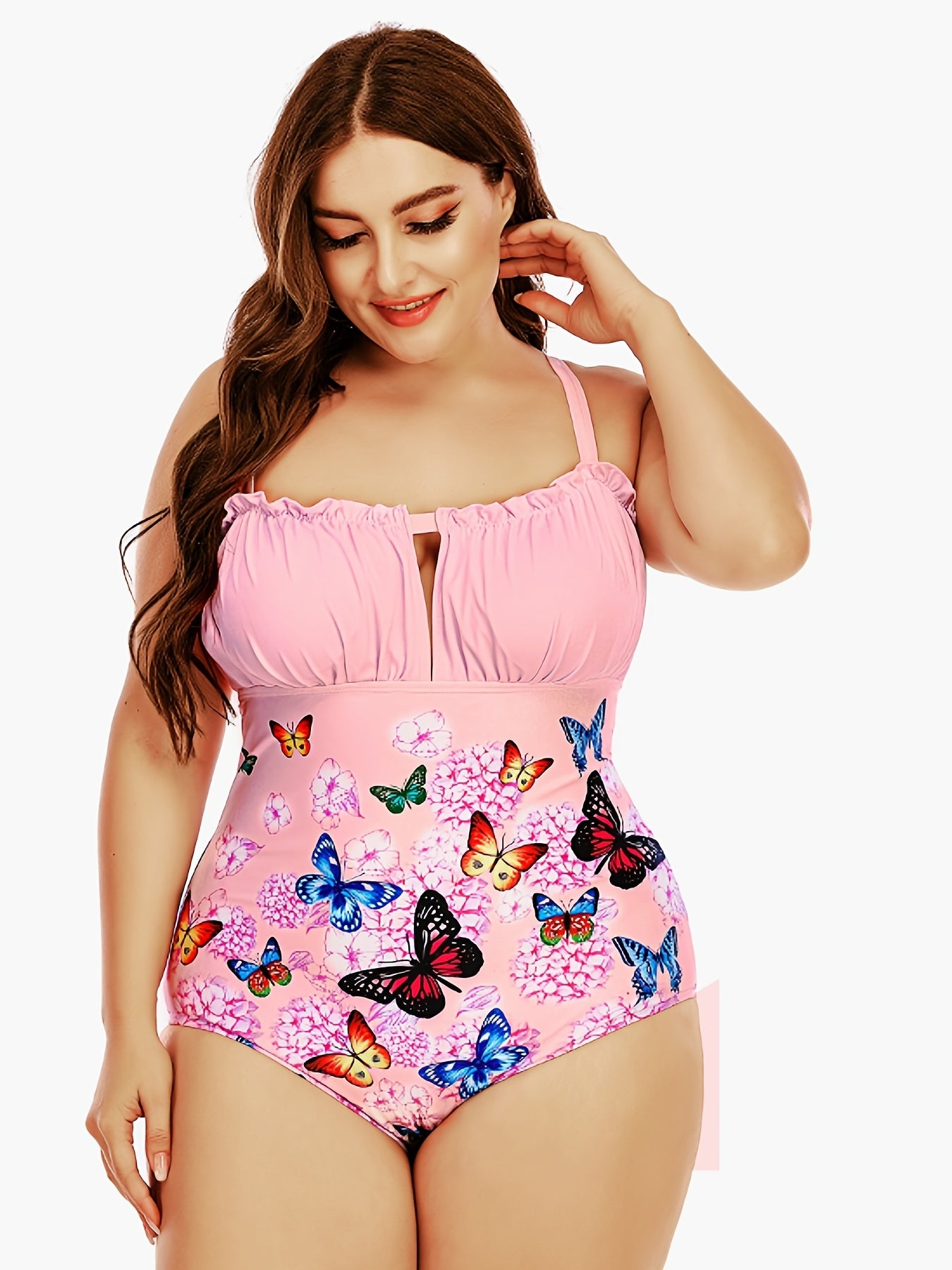  Ruffle Trim Cut Out One Piece Swimsuit