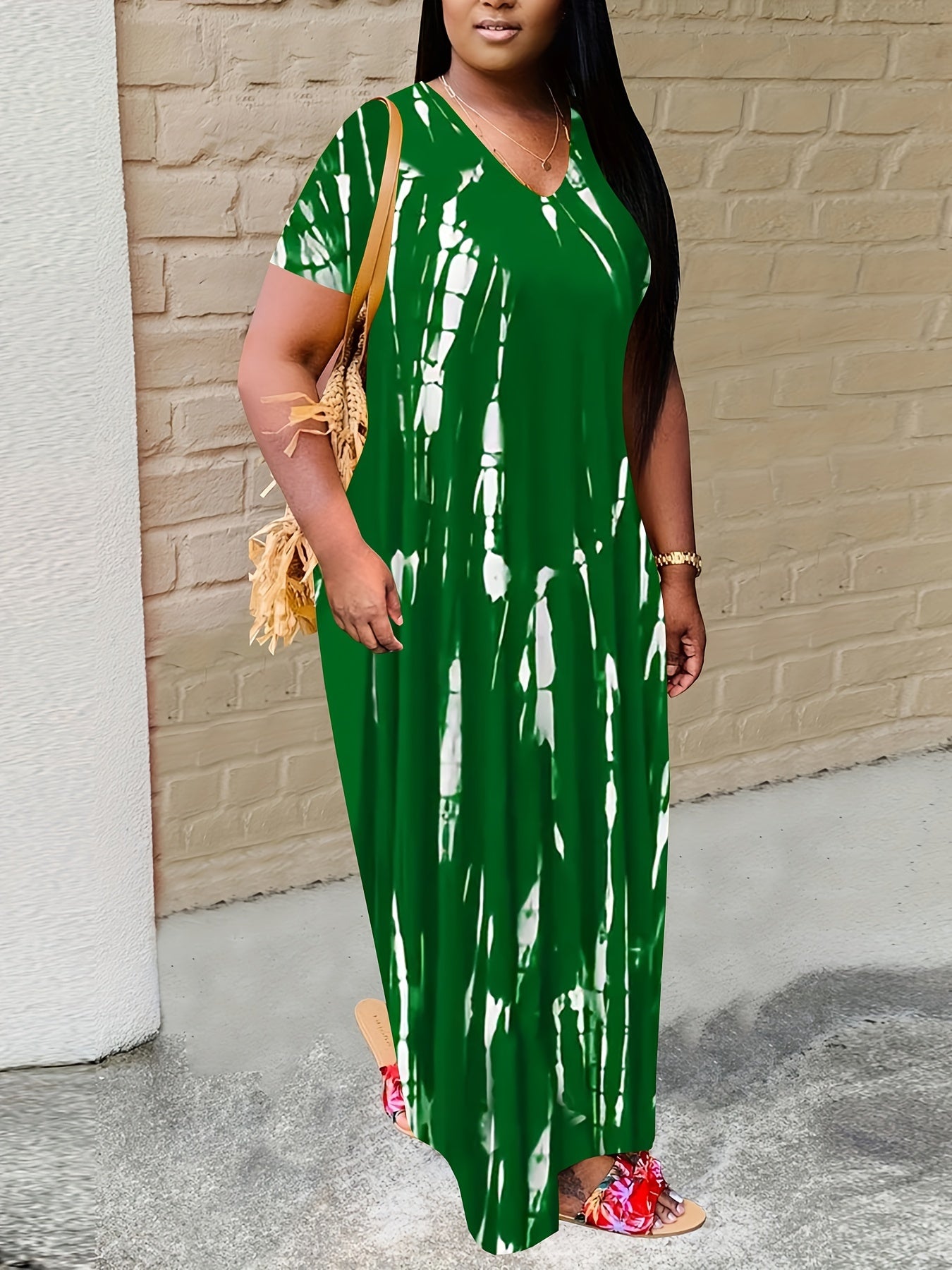  Tie Dye Maxi Dress Short Sleeve Round Neck High Stretch
