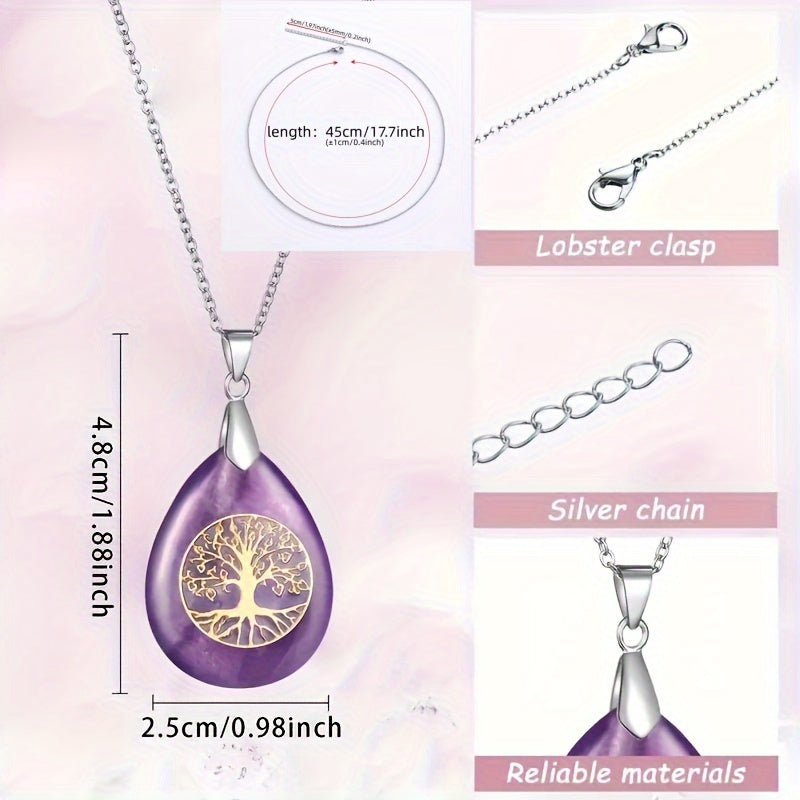 Life Tree Teardrop Crystal Pendant Necklace Chakra Charms for Women