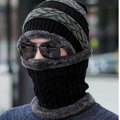 Winter Warm Elastic Soft Ear Protection Scarf Hat Gray Striped Pattern