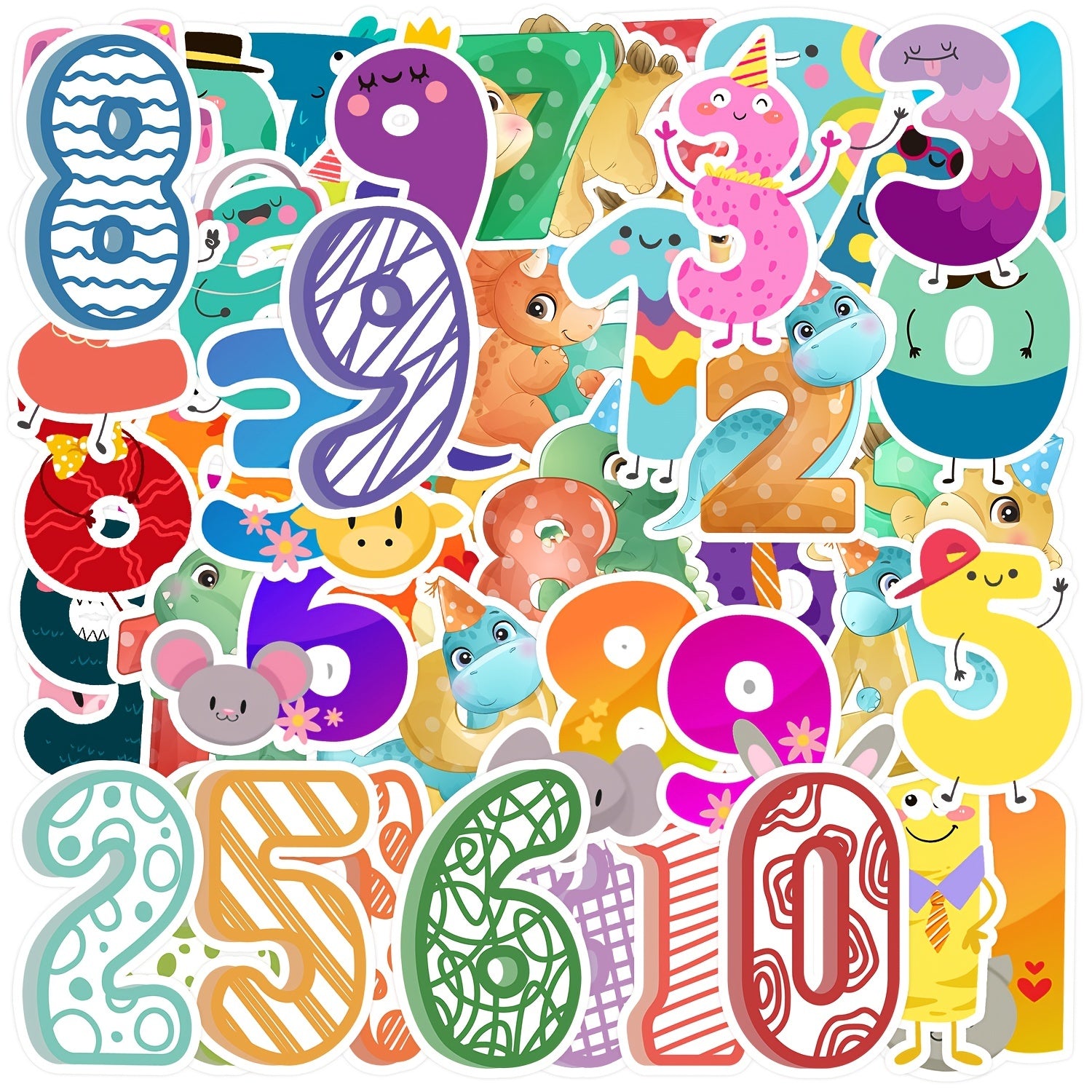 48Pcs Cartoon Number Waterproof Stickers For Bottles Laptop Wall Cabinets