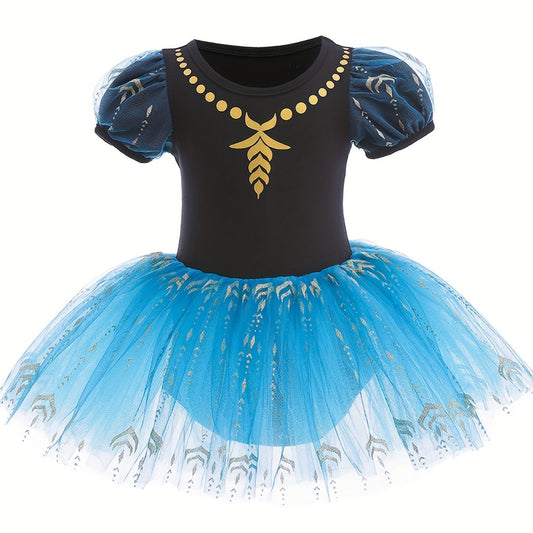 Girls Floral Tulle Tutu Mesh Puff Sleeve Ballet Dance Dress