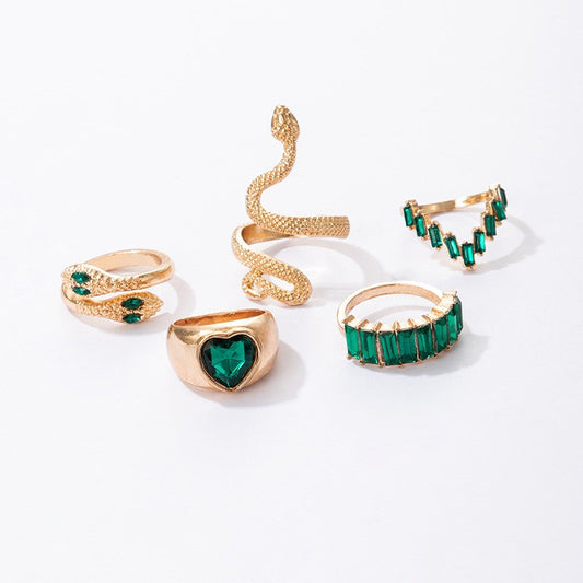 Vintage Green Gemstone Snake Rings Set - 5pcs