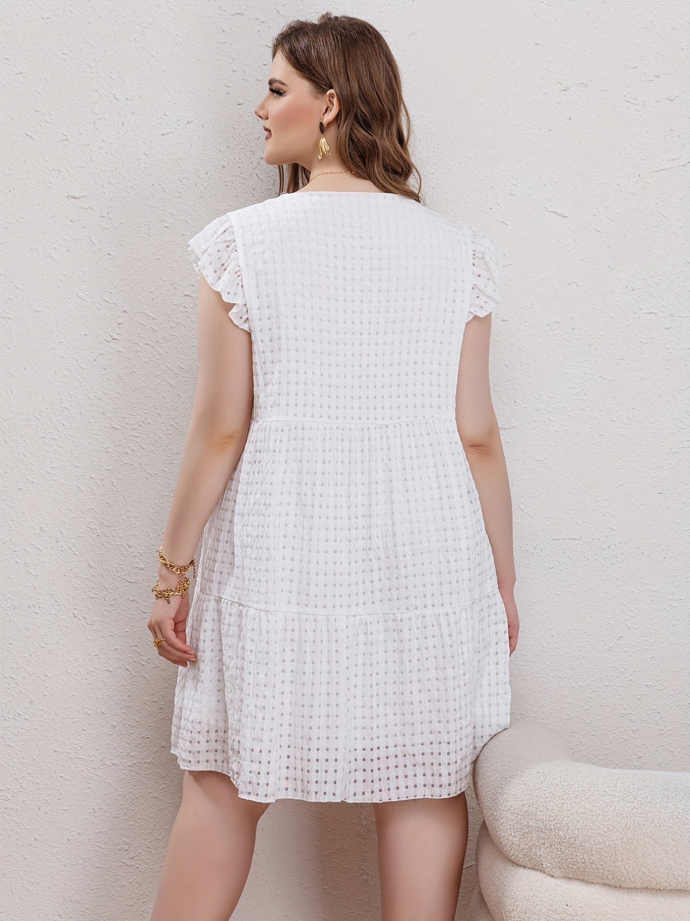 Plus Size Casual Dress Women's Solid Grid Ruffle Sleeve Round Neck Smock Dress