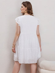 Plus Size Casual Dress Women's Solid Grid Ruffle Sleeve Round Neck Smock Dress