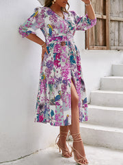 Floral Print V Neck Puff Sleeve Maxi Dress Women's Plus Size