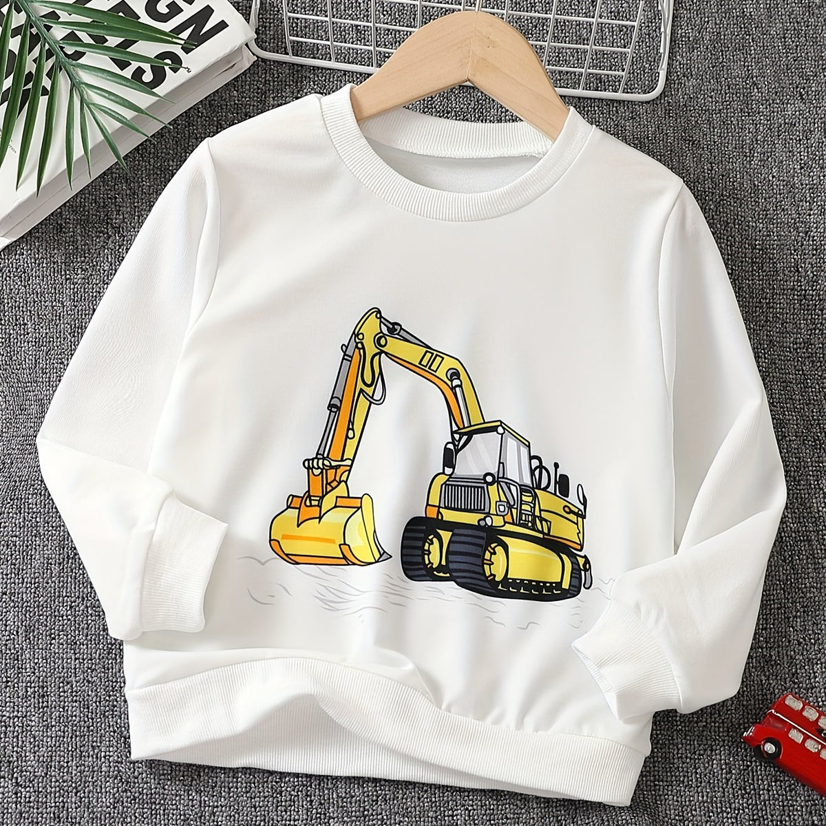 Boys Cartoon Digger Print Sweatshirt Long Sleeve Crew Neck Tops