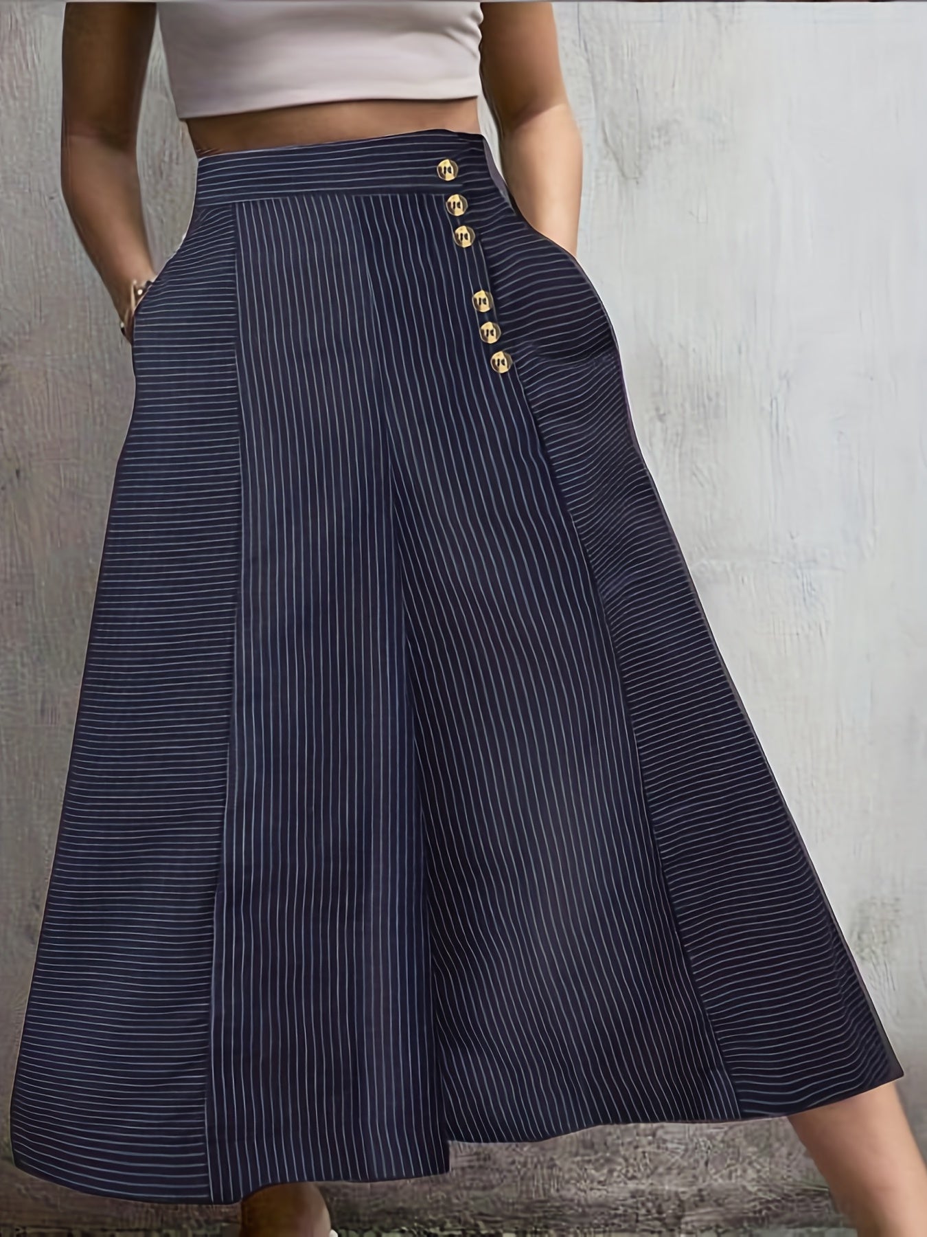  Stripe Print Wide Leg Button Up Loose Pants