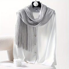 Silver Silk Feeling Shawl Elastici Scarf with Fringe