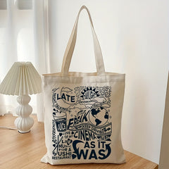 Letter Print Canvas Shopping Bag Lightweight Portable Square Shoulder Bag