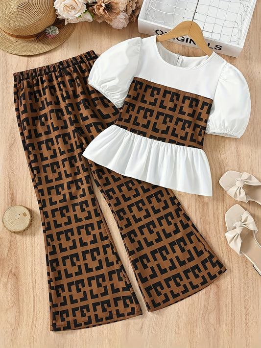 Girl's Geometric Pattern 2pcs Puff Sleeve Shirt & Flared Pants Set