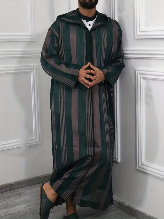 Islamic Arabic Kaftan Men Long Sleeve Vertical Striped V Neck Hooded