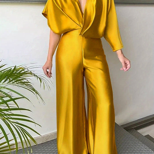  Sexy Jumpsuit Women's Plus Solid Satin Batwing Sleeve V Neck