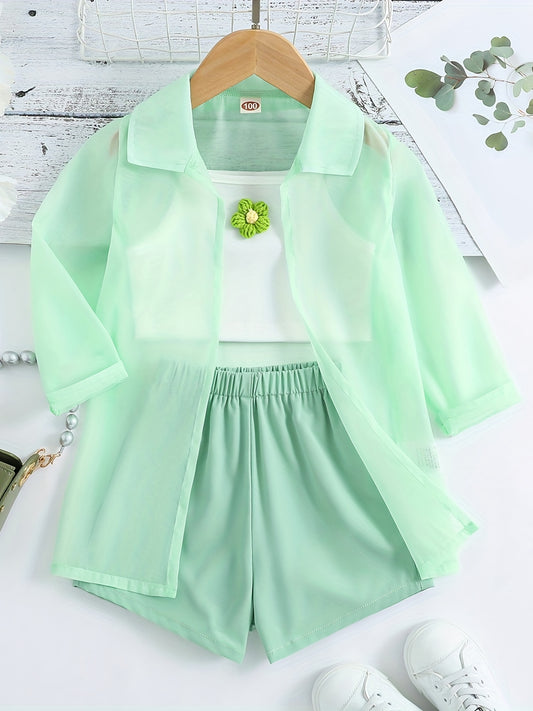 3 Pcs Ultra Thin Long Sleeve Semi Sheer Top & Cami Crop Top & Shorts Set