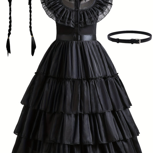 Girls Princess Mesh Ruffled Dress & Wig Set