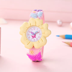 Girls' 3D Flower & Butterfly Cartoon Watch Soft Silicone Band Quartz Movement