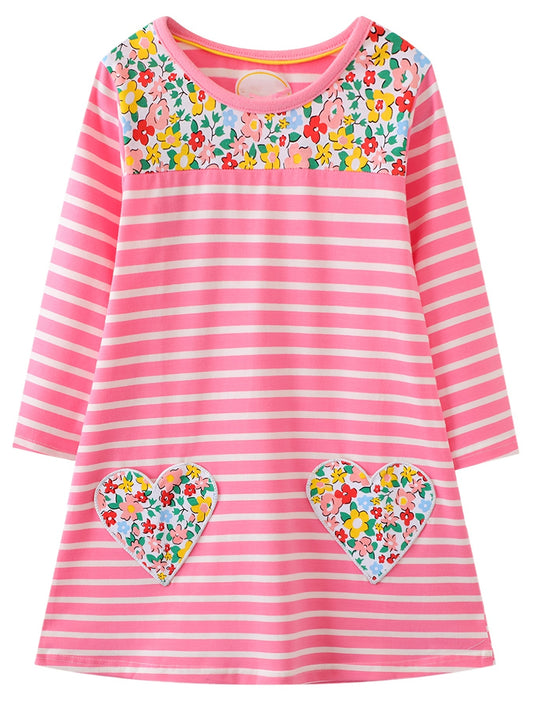 Girls' Stripe Flower Patch Long Sleeve Dress 2-8 Years