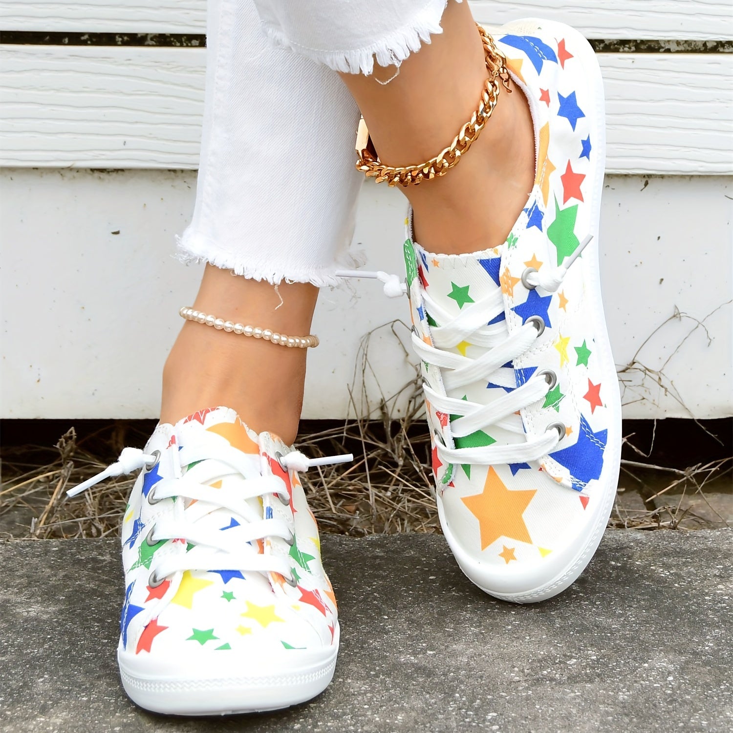 Women's Star Printed Canvas Shoes Colorful Lace Up Low Top Flat Shoes