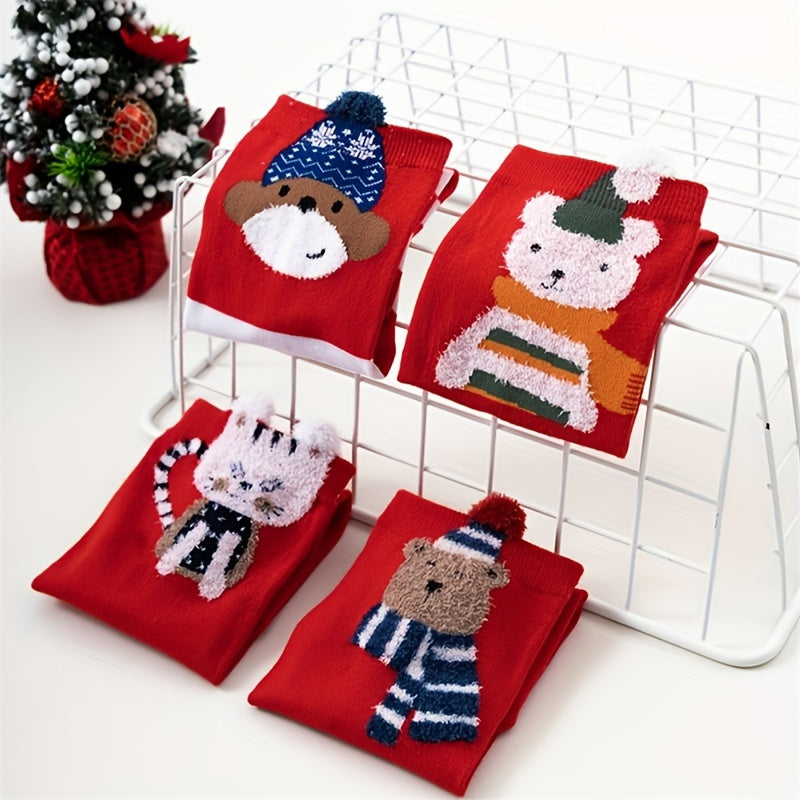 4 Pairs Bear & Cat Print Socks Mid Tube Stockings