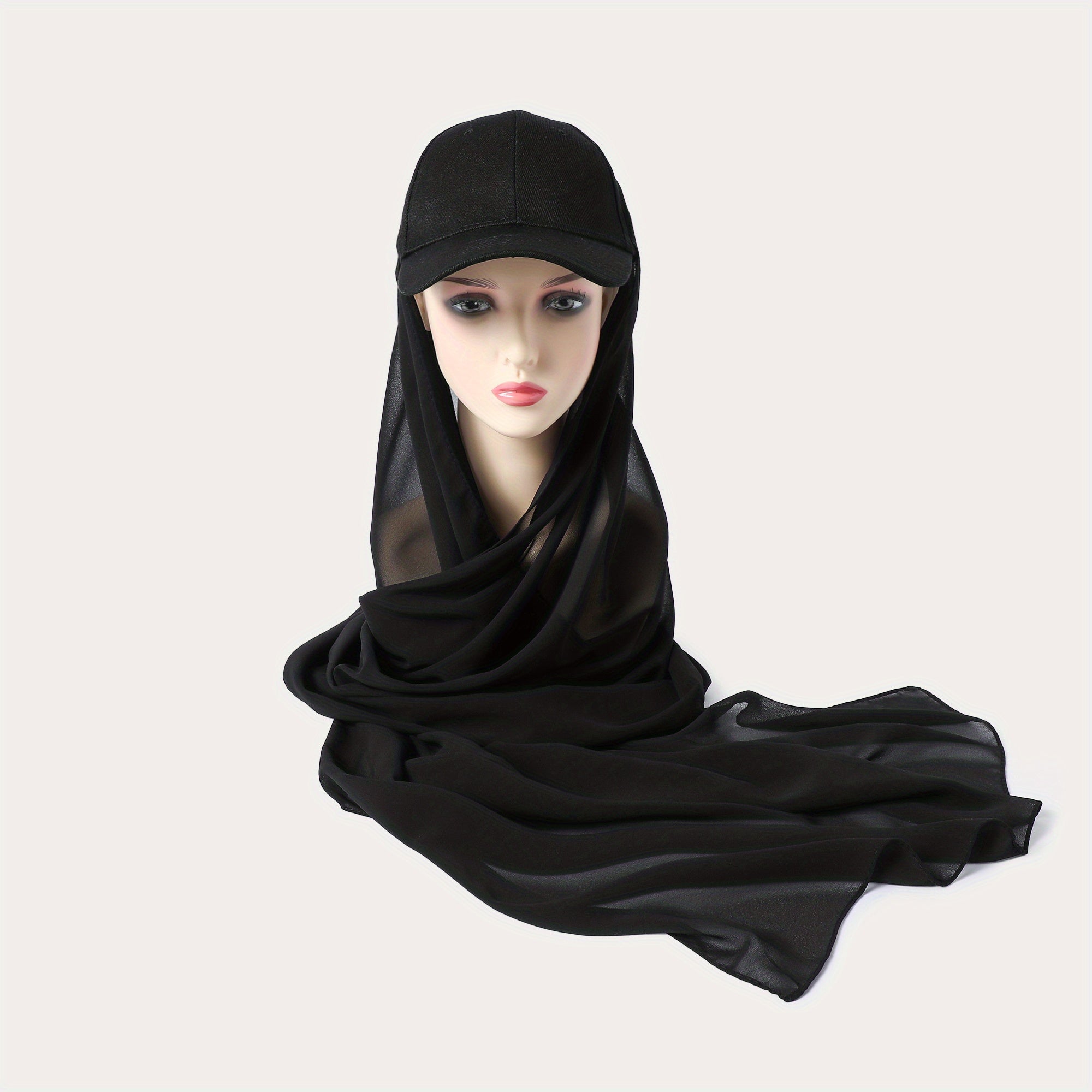 Hijab Baseball Cap With Chiffon Shawl Solid Sun Hats In One 2 piece Headscarf