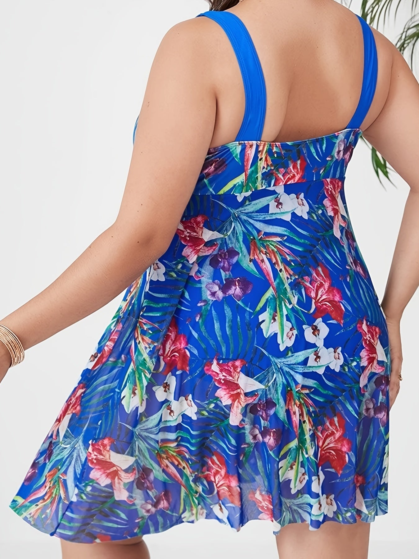  Tropical Print Mesh Layered Swimsuit