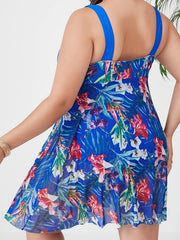  Tropical Print Mesh Layered Swimsuit