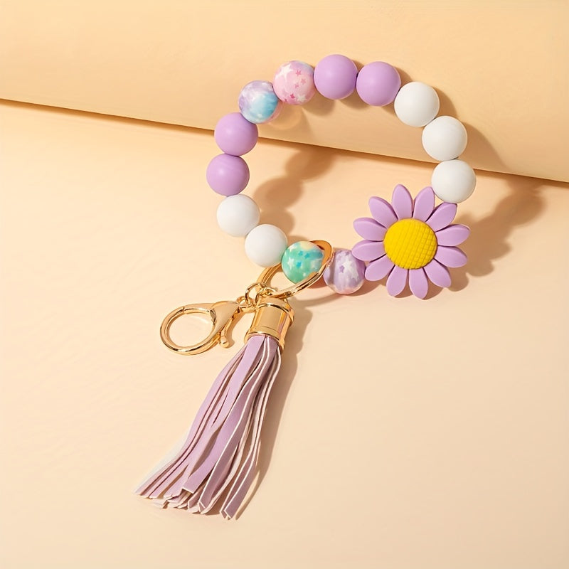Sun Flower Silicone Bead Keychain Tassel Pendant