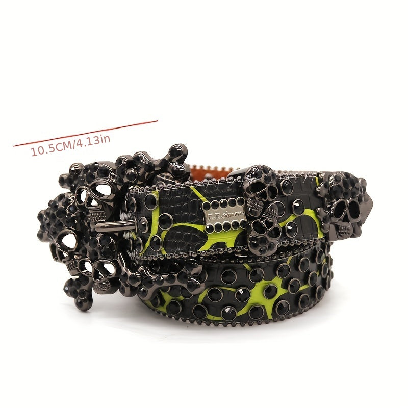Men's Big Skull Rhinestone Inlaid PU Leather Belt Hip hop Style Buckle