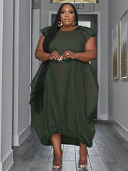  Solid Round Neck Ruffle Sleeve Dress