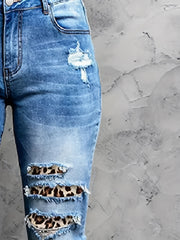  Leopard Patched Ripped Button Fly High Stretch Denim Pants