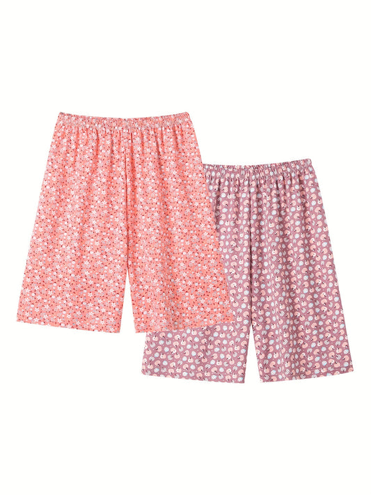 2 Pack Boho Sleepwear Set Women's Plus Floral & Fruit Print Shorts