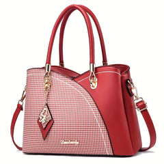 Colorblock Plaid Satchel Bag w/ Top Handle & PU Leather Pendant Decor