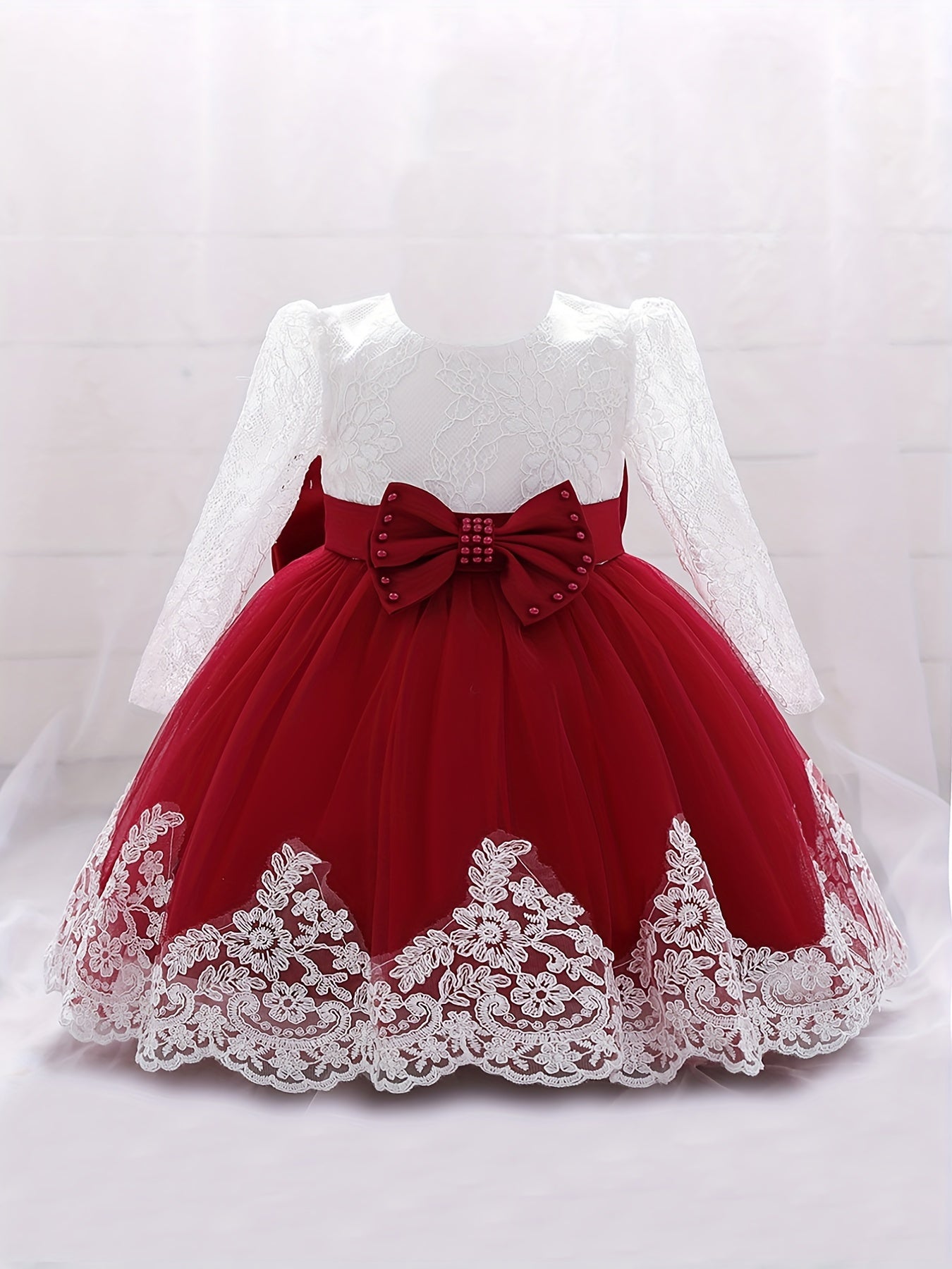 Girls Lace Long Sleeve Puffy Princess Dress With Bow