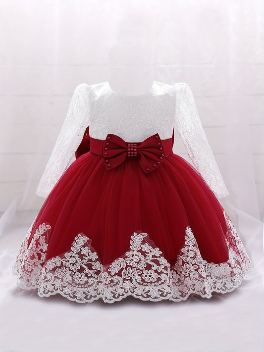 Girls Lace Long Sleeve Puffy Princess Dress With Bow