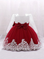 Girls Lace Long Sleeve Puffy Princess Dress With Bow