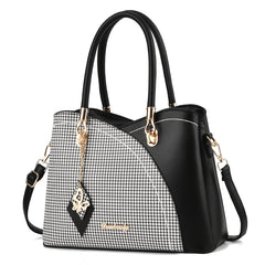 Colorblock Plaid Satchel Bag w/ Top Handle & PU Leather Pendant Decor