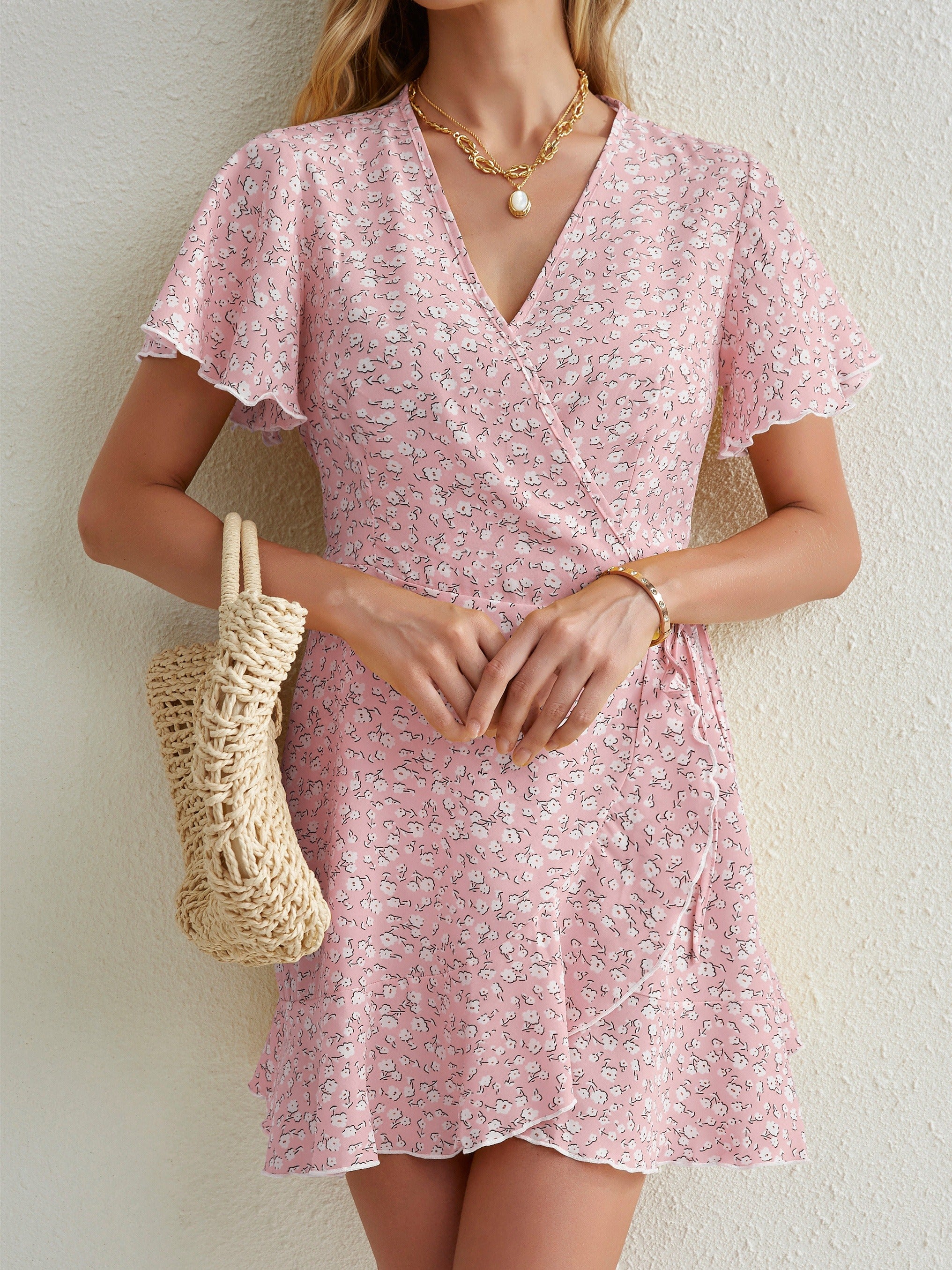 Floral Print Wrap Dress Short Sleeve V Neck Vacation Dress