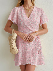 Floral Print Wrap Dress Short Sleeve V Neck Vacation Dress