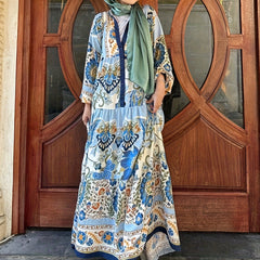  Floral Print Lantern Sleeve Button Up Abaya Dress