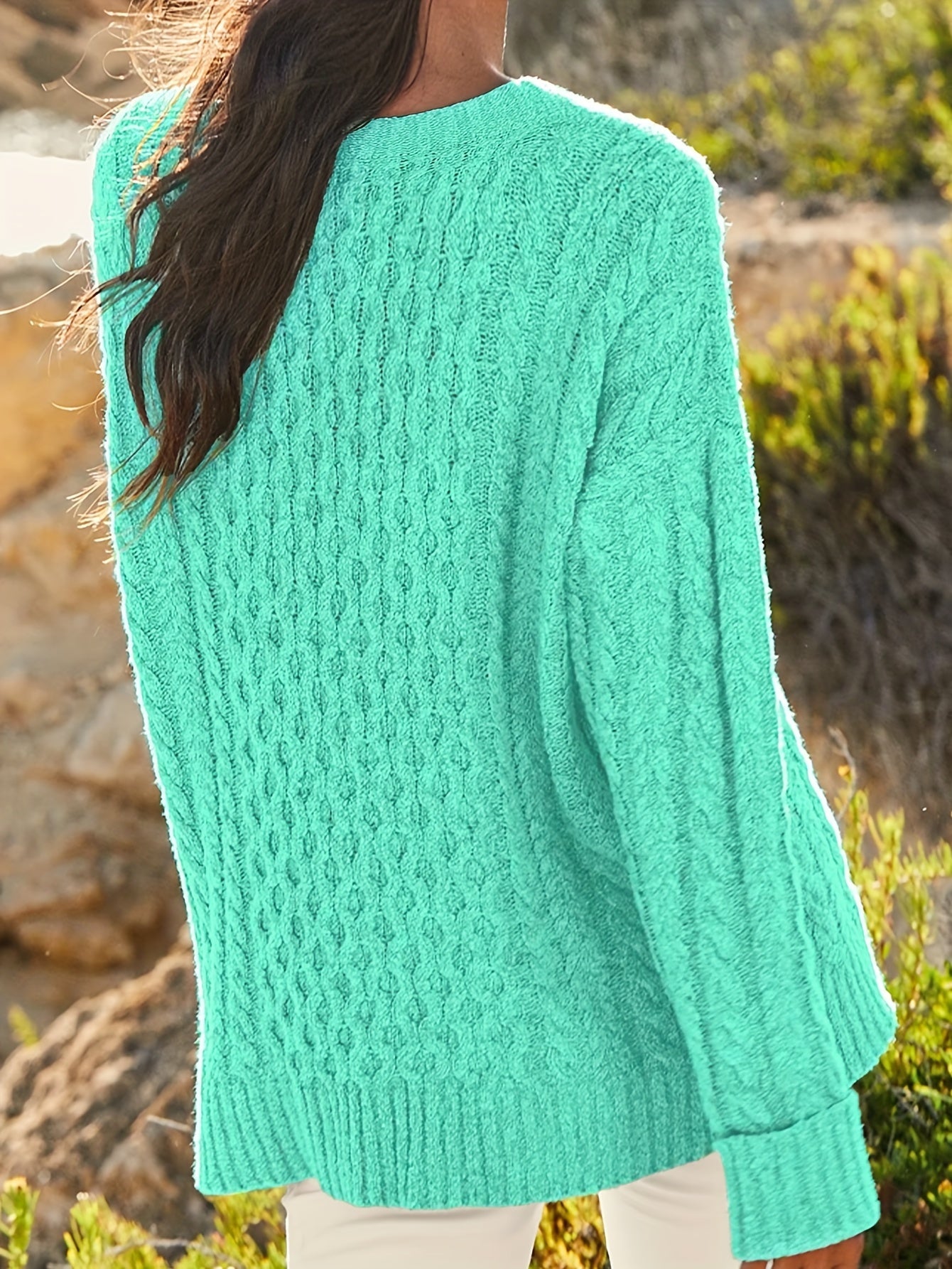  Casual Sweater Solid Cable Long Sleeve V Neck Jumper