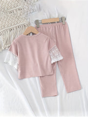 Girls 2pcs Flared Sleeve Top & Pants Pajama Set
