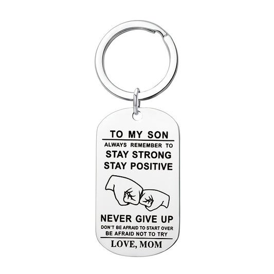 Boys Creative NEVER GIVE UP Pendant Keychain Stainless Steel