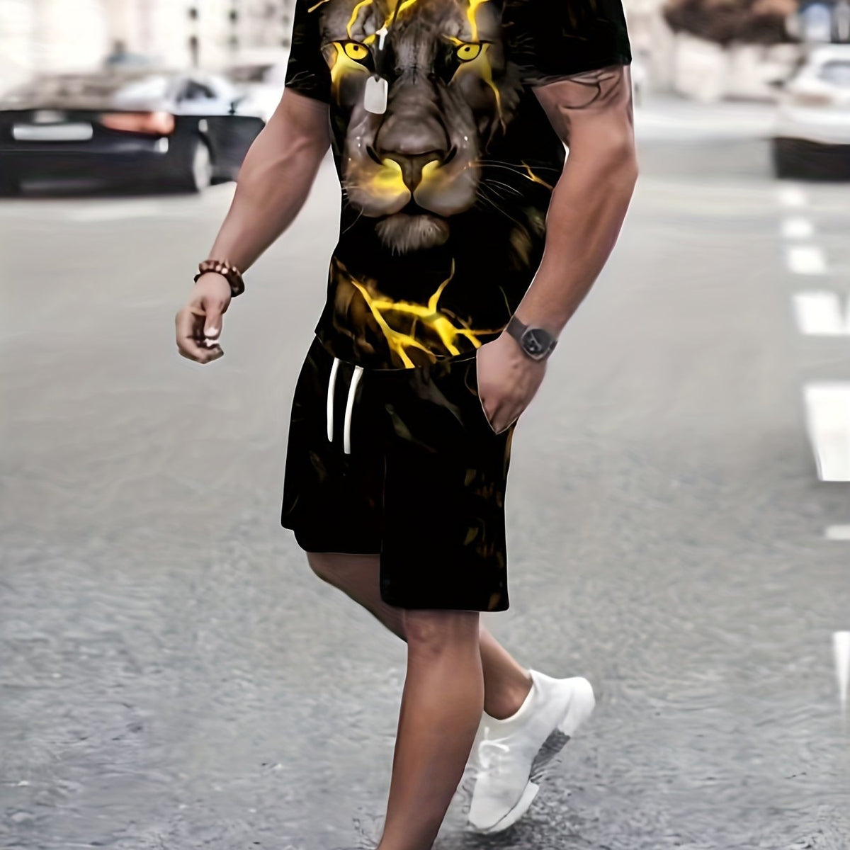 Lion 3D Pattern Mens Outfit T-shirt & Drawstring Shorts Set Summer Clothing