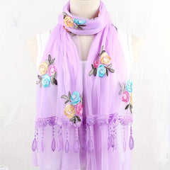 Double Layer Lace Tassel Rose Embroidery Scarf Thin Gauze Shawl for Women