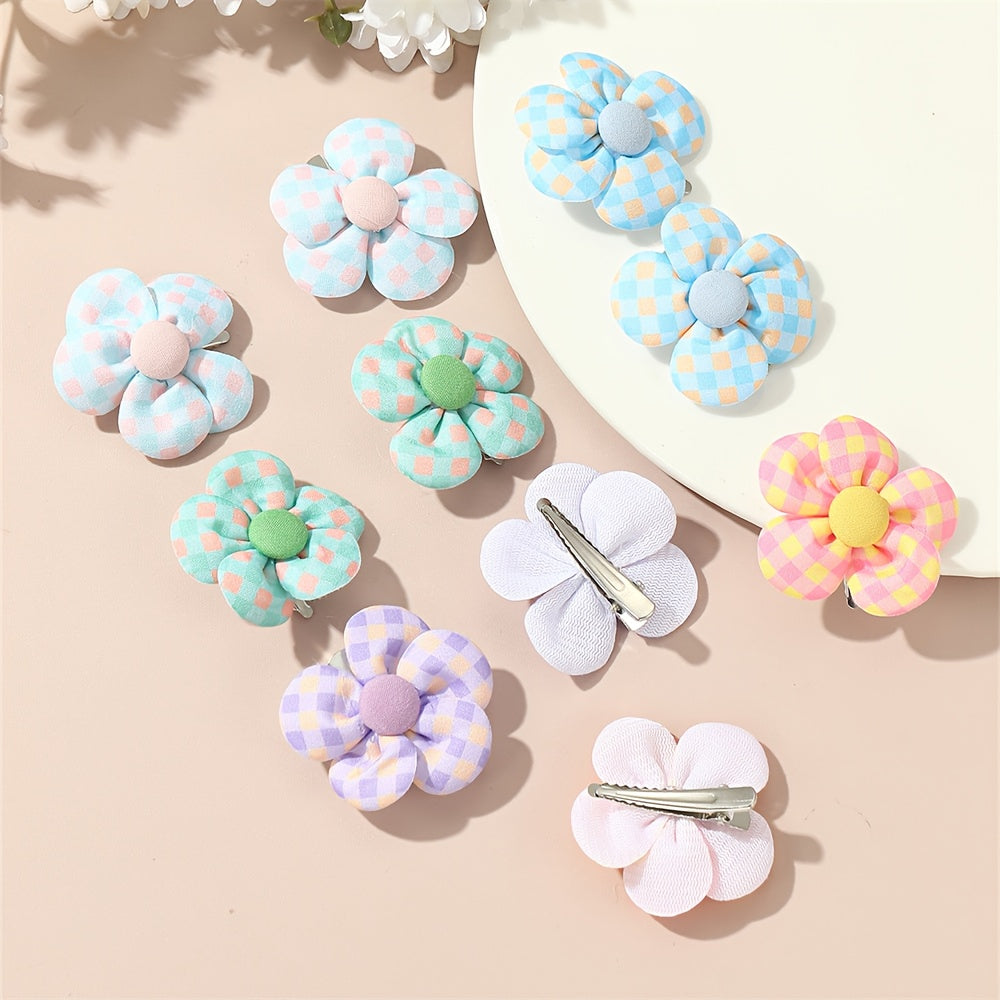10pcs Girls Plaid Pattern Flower Hair Clips Side Clip Hair Accessories